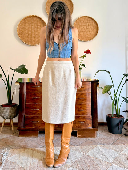 1970's vintage cream and silver woven textured midi skirt