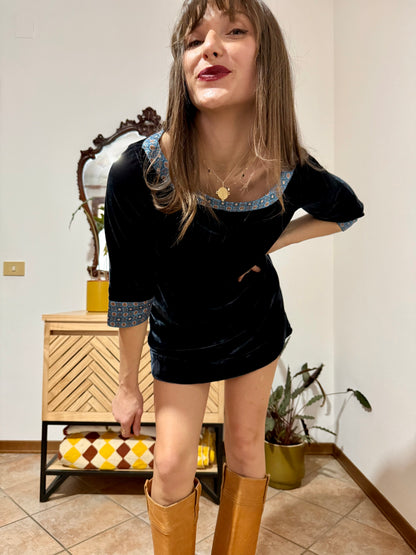 1970's vintage navy blue silk velvet mini dress with geometric ribbon detailing