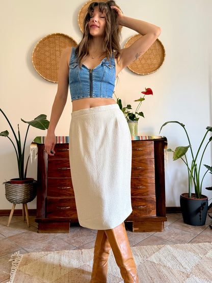 1970's vintage cream and silver woven textured midi skirt