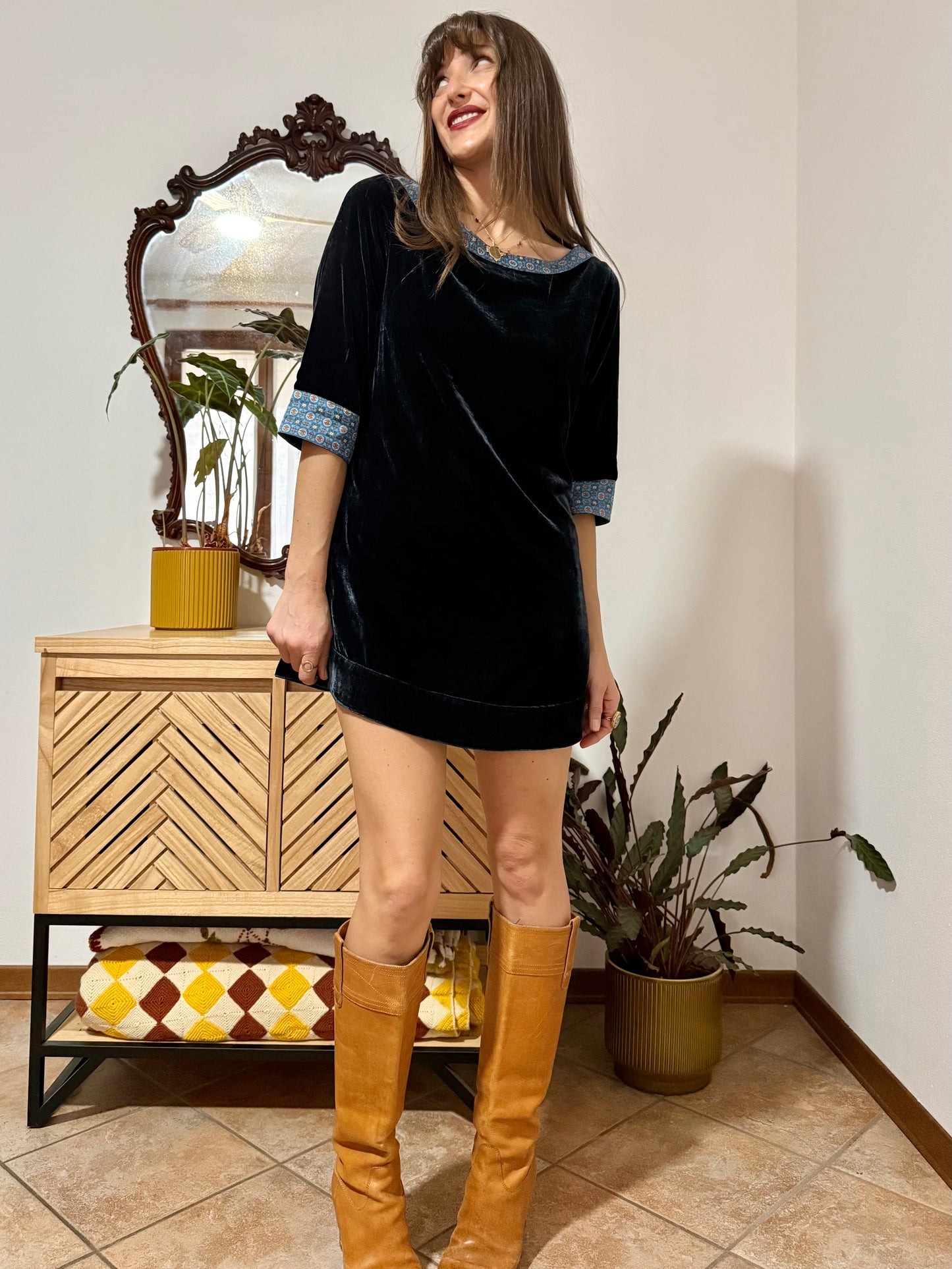 1970's vintage navy blue silk velvet mini dress with geometric ribbon detailing