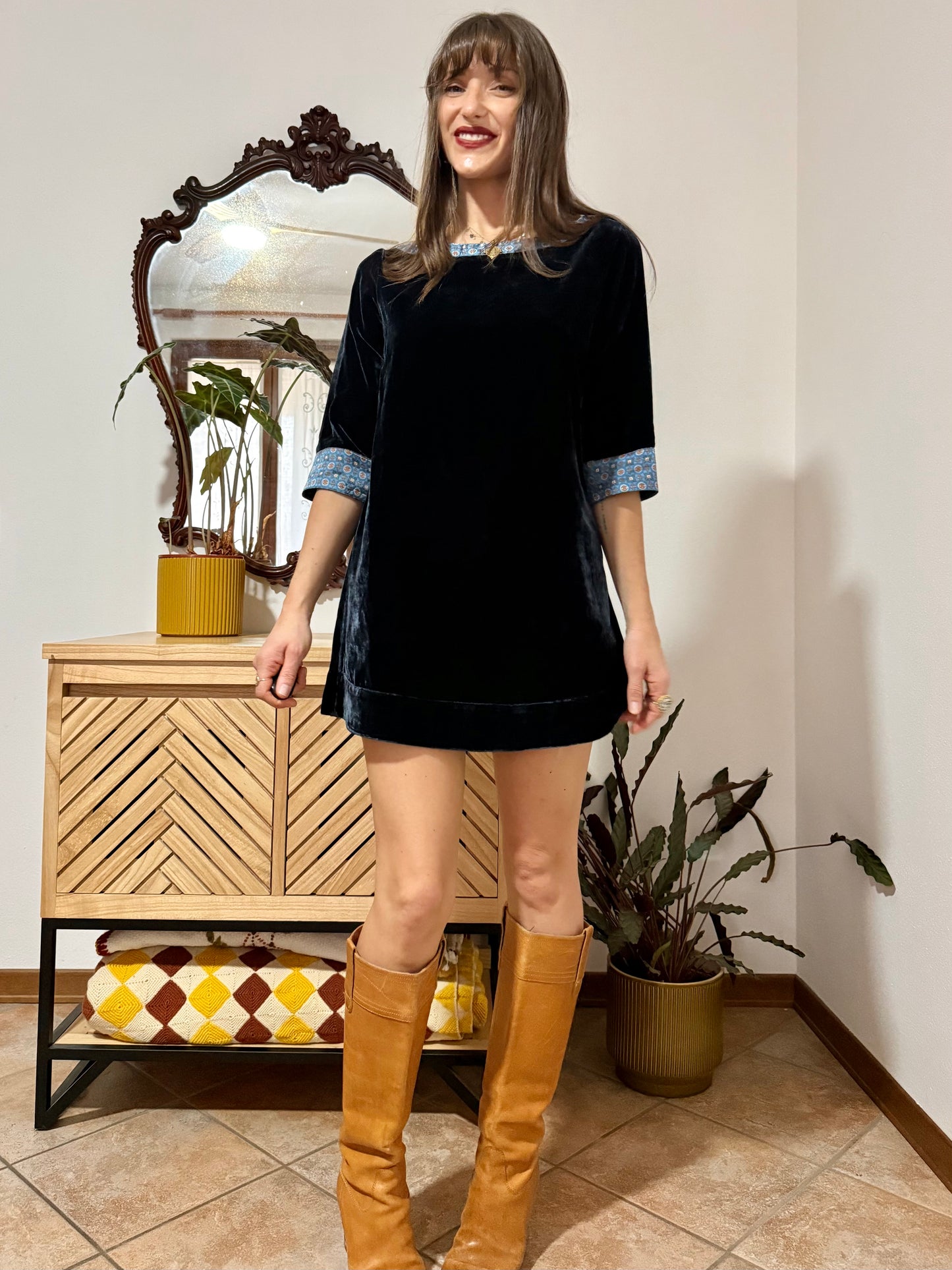 1970's vintage navy blue silk velvet mini dress with geometric ribbon detailing