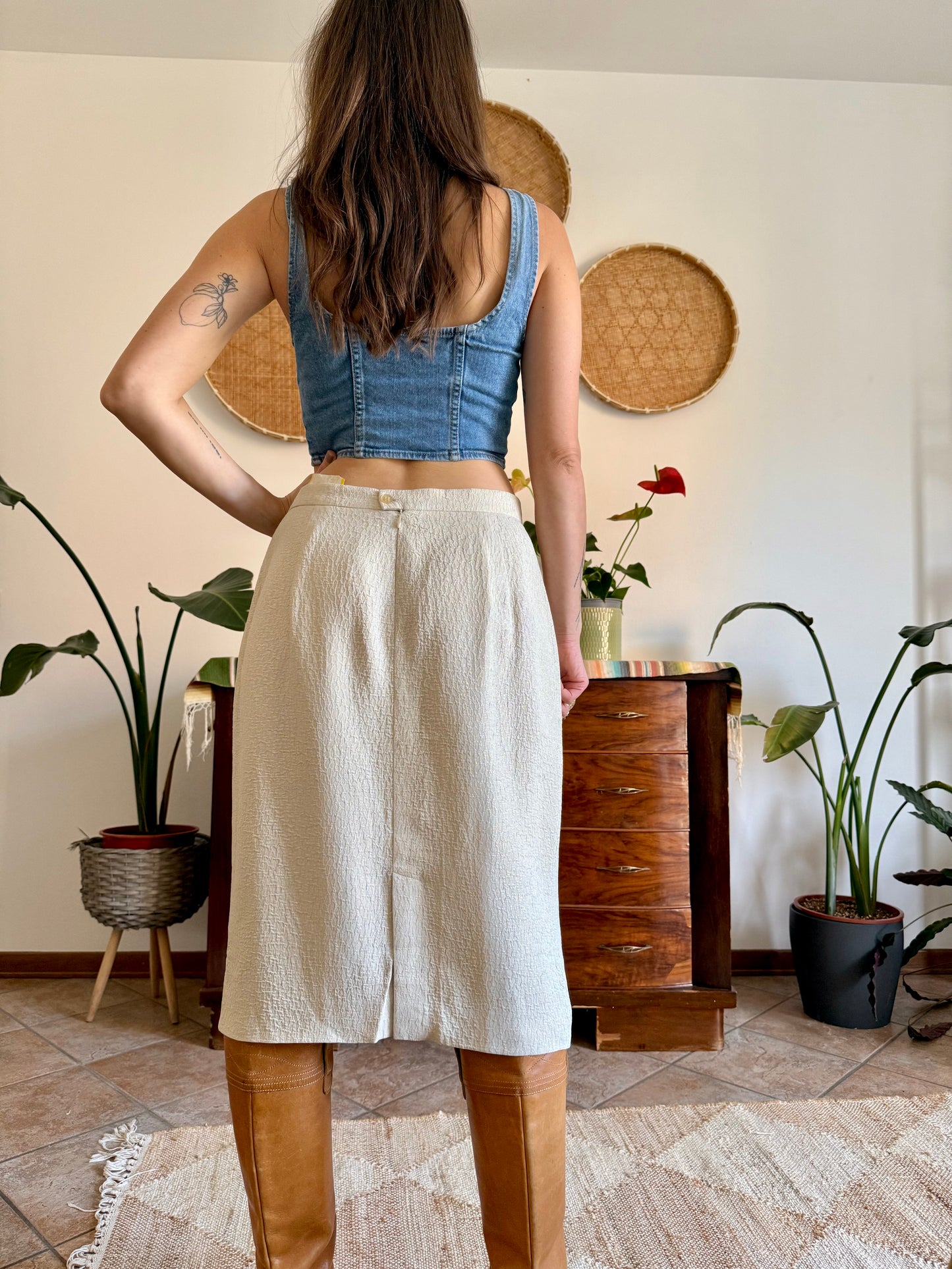 1970's vintage cream and silver woven textured midi skirt