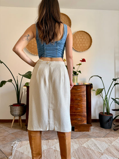 1970's vintage cream and silver woven textured midi skirt