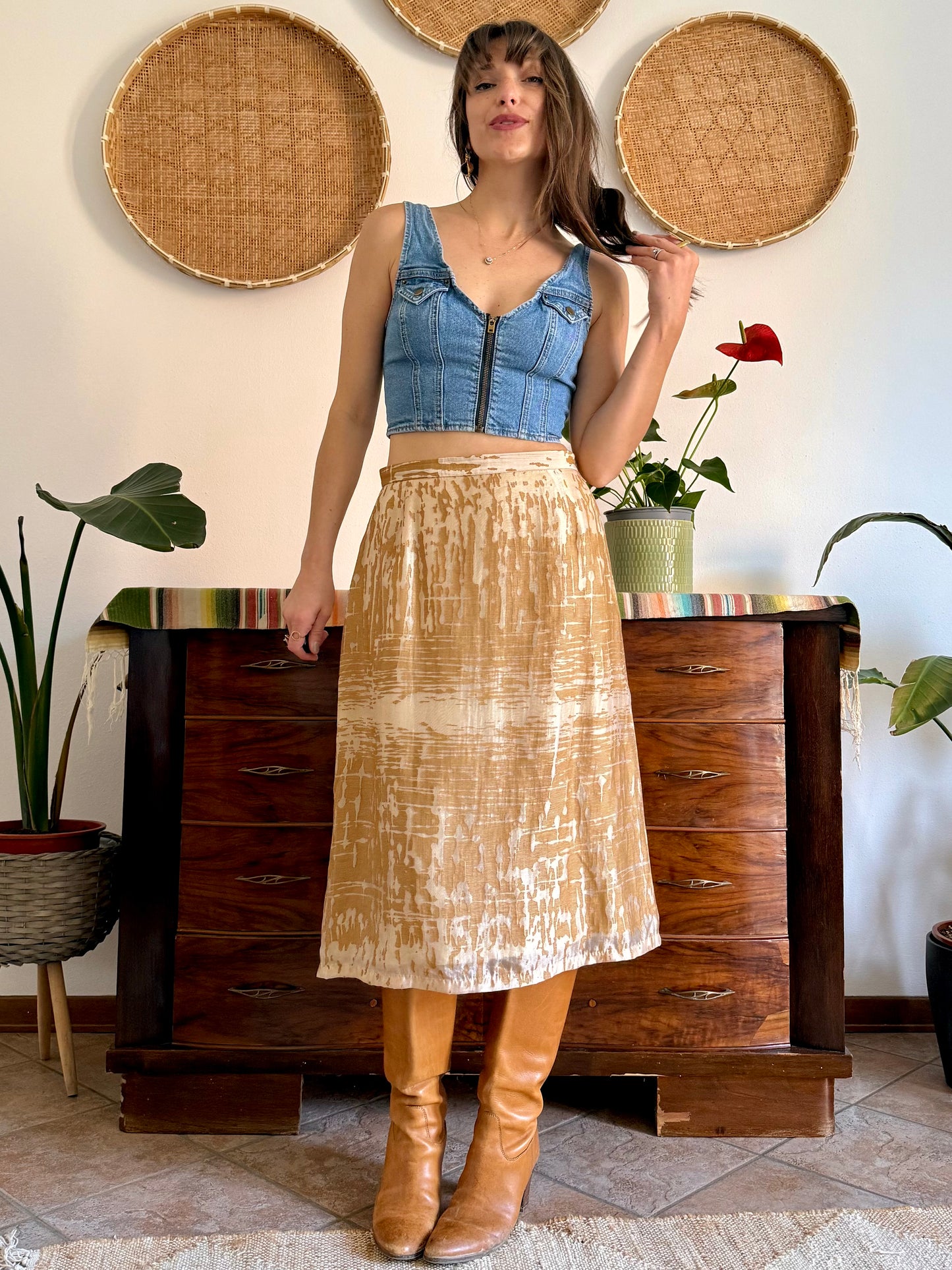 1960's vintage champagne and gold textured irridescent midi skirt