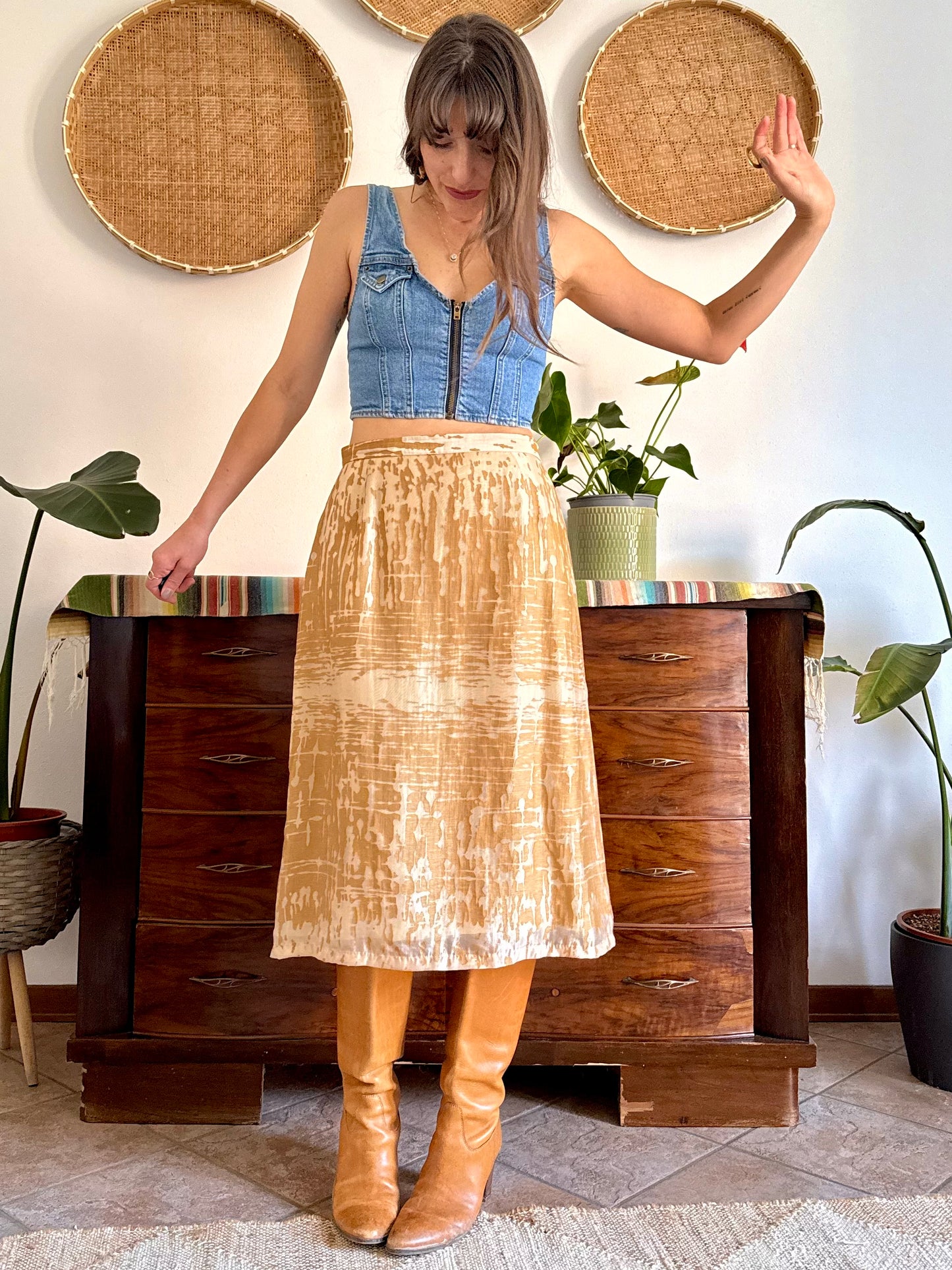 1960's vintage champagne and gold textured irridescent midi skirt
