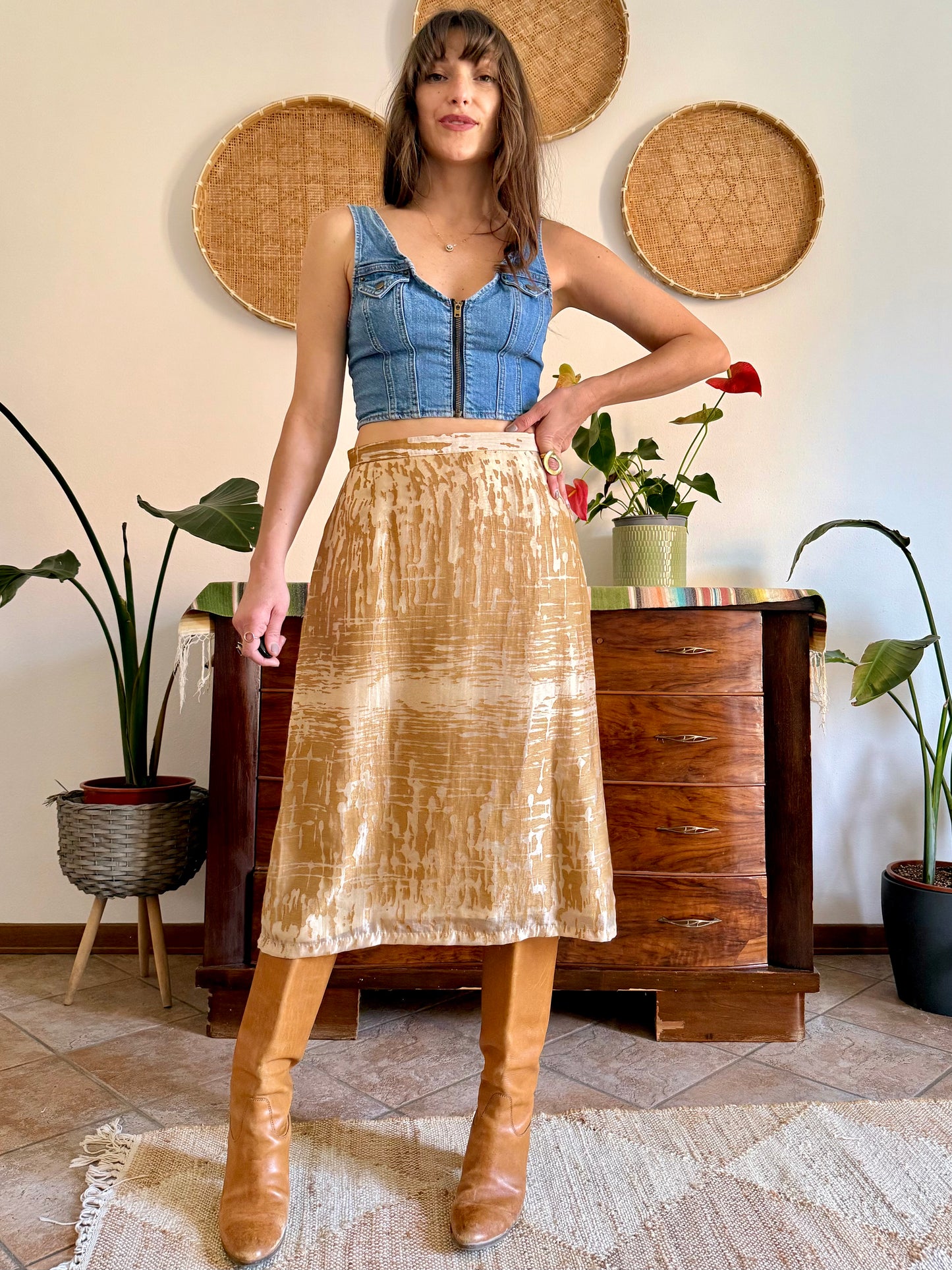 1960's vintage champagne and gold textured irridescent midi skirt