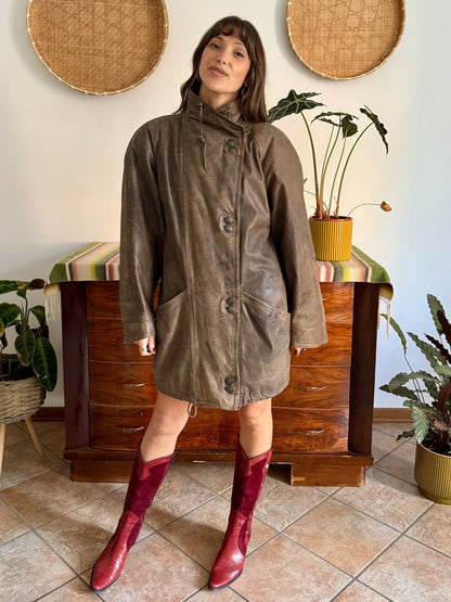 1980's vintage oversize brown leather coat with asymmetrical button closure