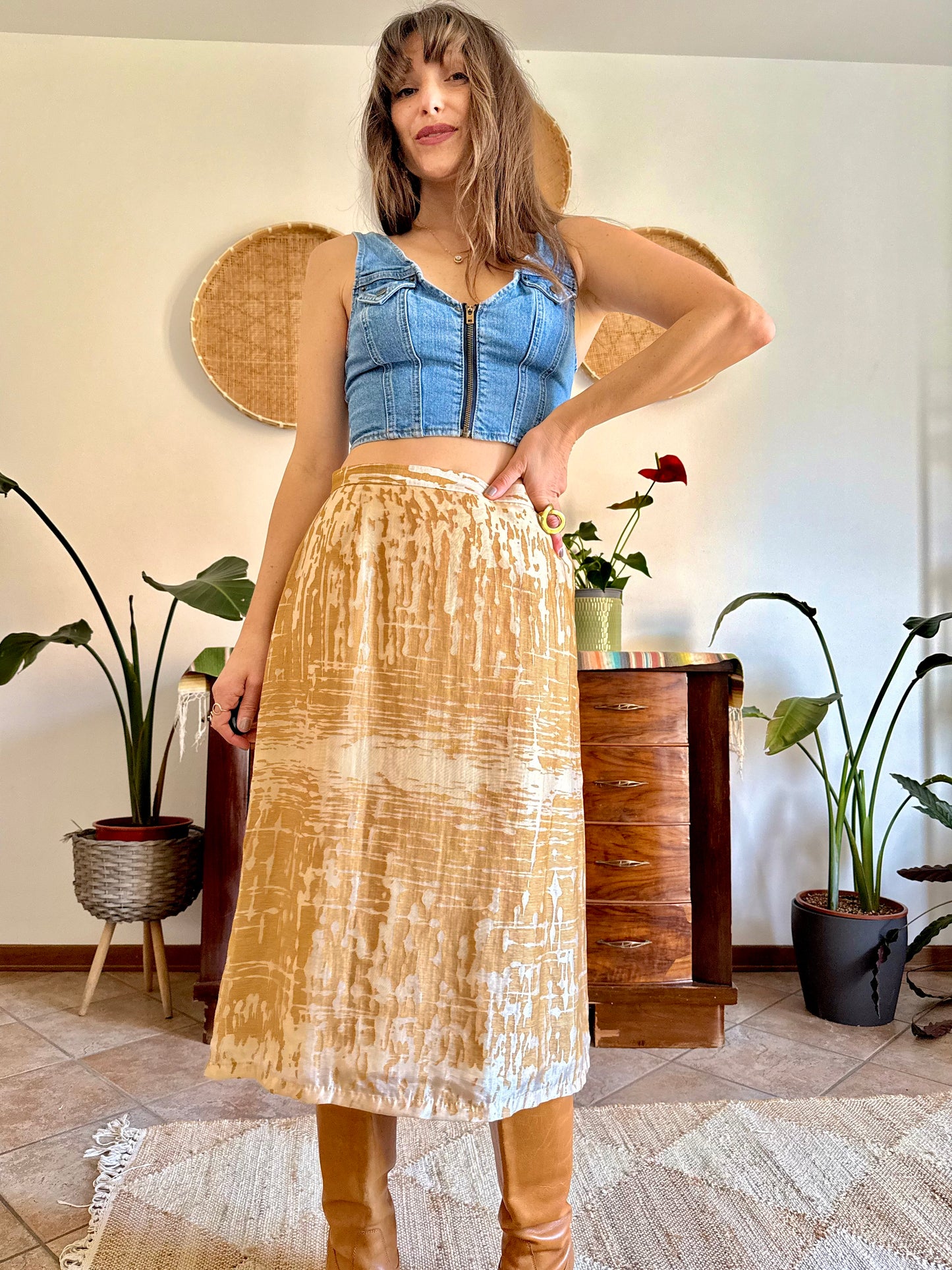 1960's vintage champagne and gold textured irridescent midi skirt