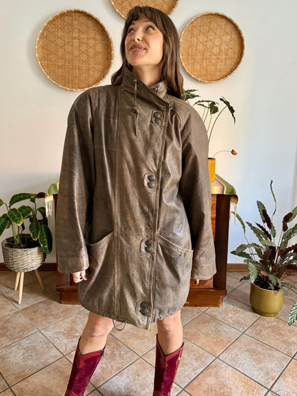 1980's vintage oversize brown leather coat with asymmetrical button closure