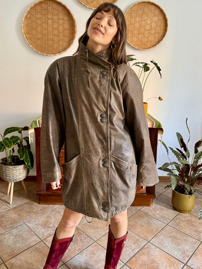1980's vintage oversize brown leather coat with asymmetrical button closure