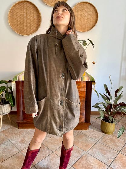 1980's vintage oversize brown leather coat with asymmetrical button closure