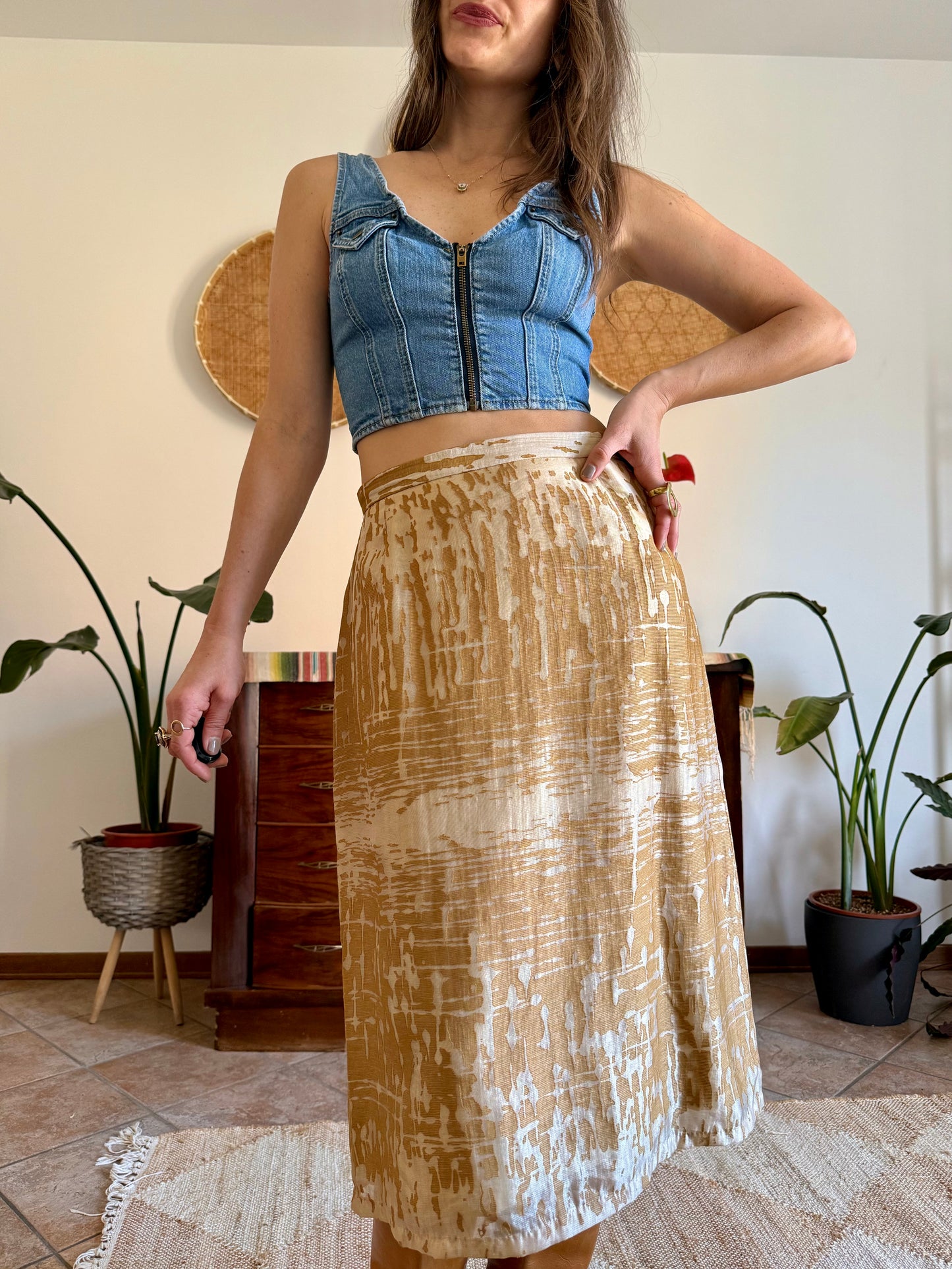 1960's vintage champagne and gold textured irridescent midi skirt