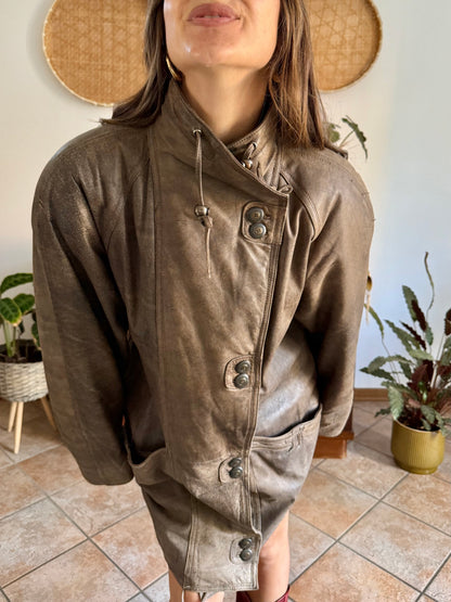 1980's vintage oversize brown leather coat with asymmetrical button closure