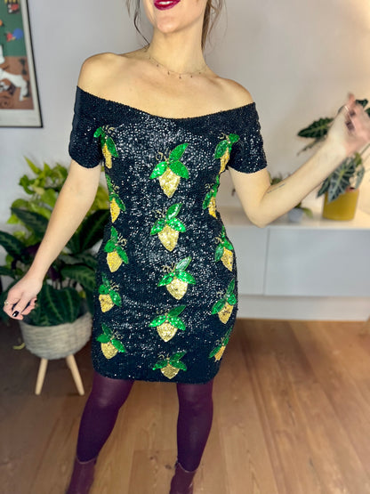 1980's vintage black sequin mini dress with green and gold lemon pattern