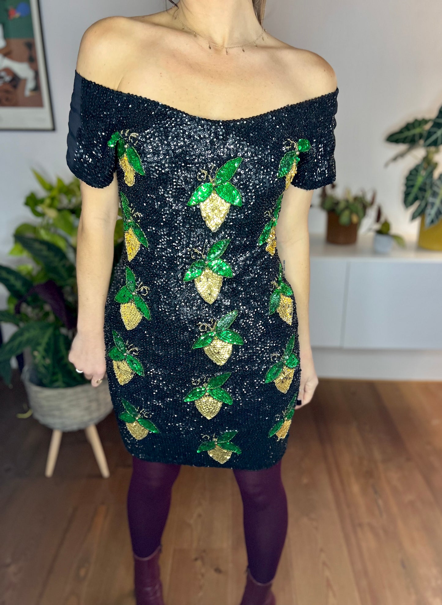 1980's vintage black sequin mini dress with green and gold lemon pattern