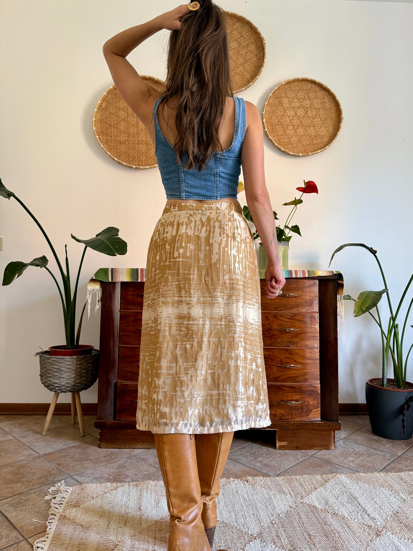 1960's vintage champagne and gold textured irridescent midi skirt