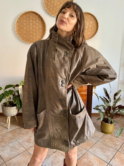 1980's vintage oversize brown leather coat with asymmetrical button closure
