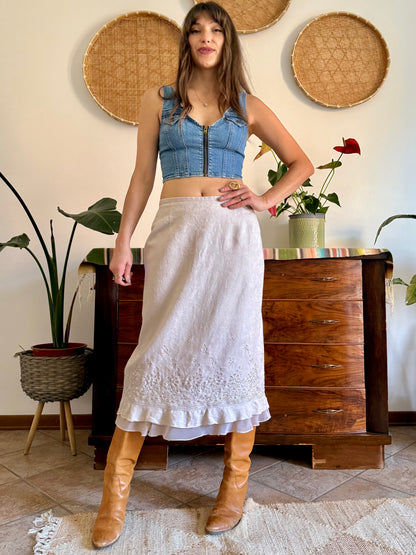 1990's vintage floral weave beige linen midi skirt with floral embroidery
