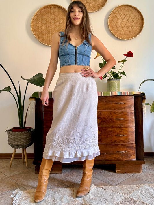 1990's vintage floral weave beige linen midi skirt with floral embroidery