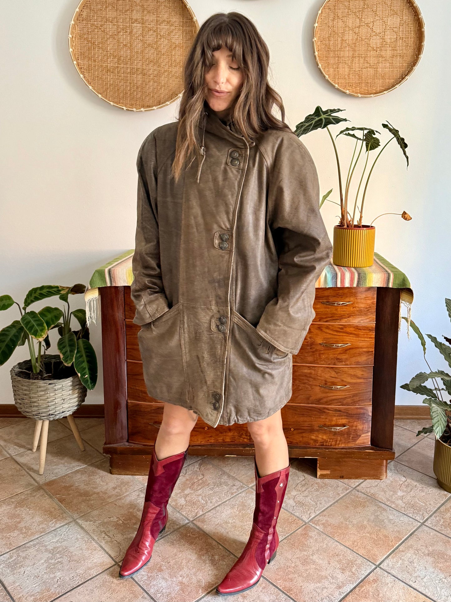 1980's vintage oversize brown leather coat with asymmetrical button closure