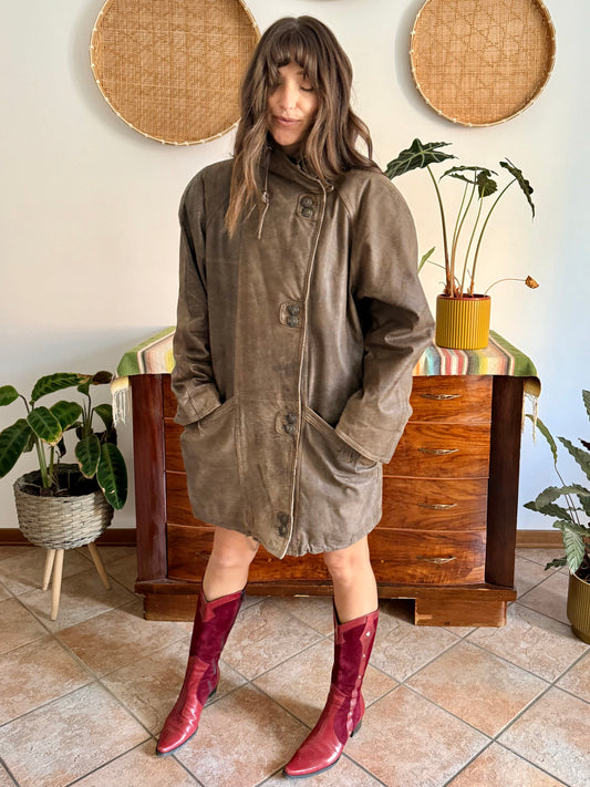 1980's vintage oversize brown leather coat with asymmetrical button closure