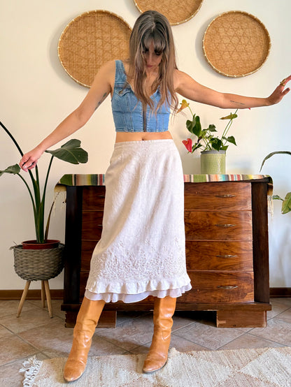 1990's vintage floral weave beige linen midi skirt with floral embroidery