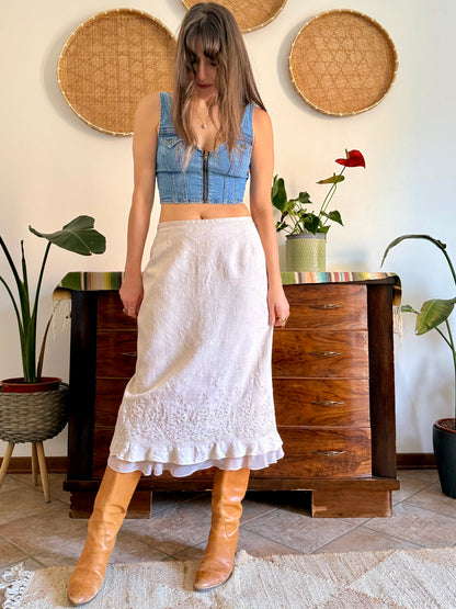1990's vintage floral weave beige linen midi skirt with floral embroidery
