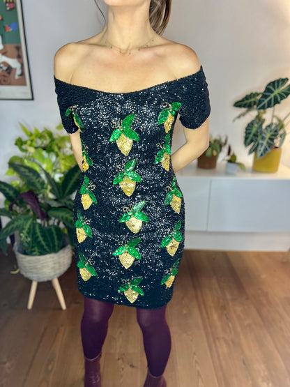 1980's vintage black sequin mini dress with green and gold lemon pattern