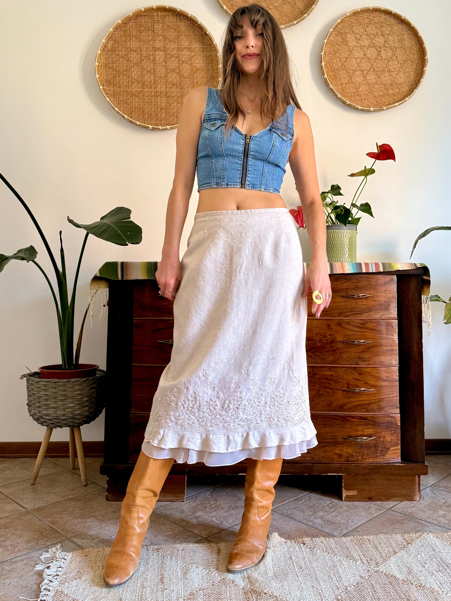 1990's vintage floral weave beige linen midi skirt with floral embroidery