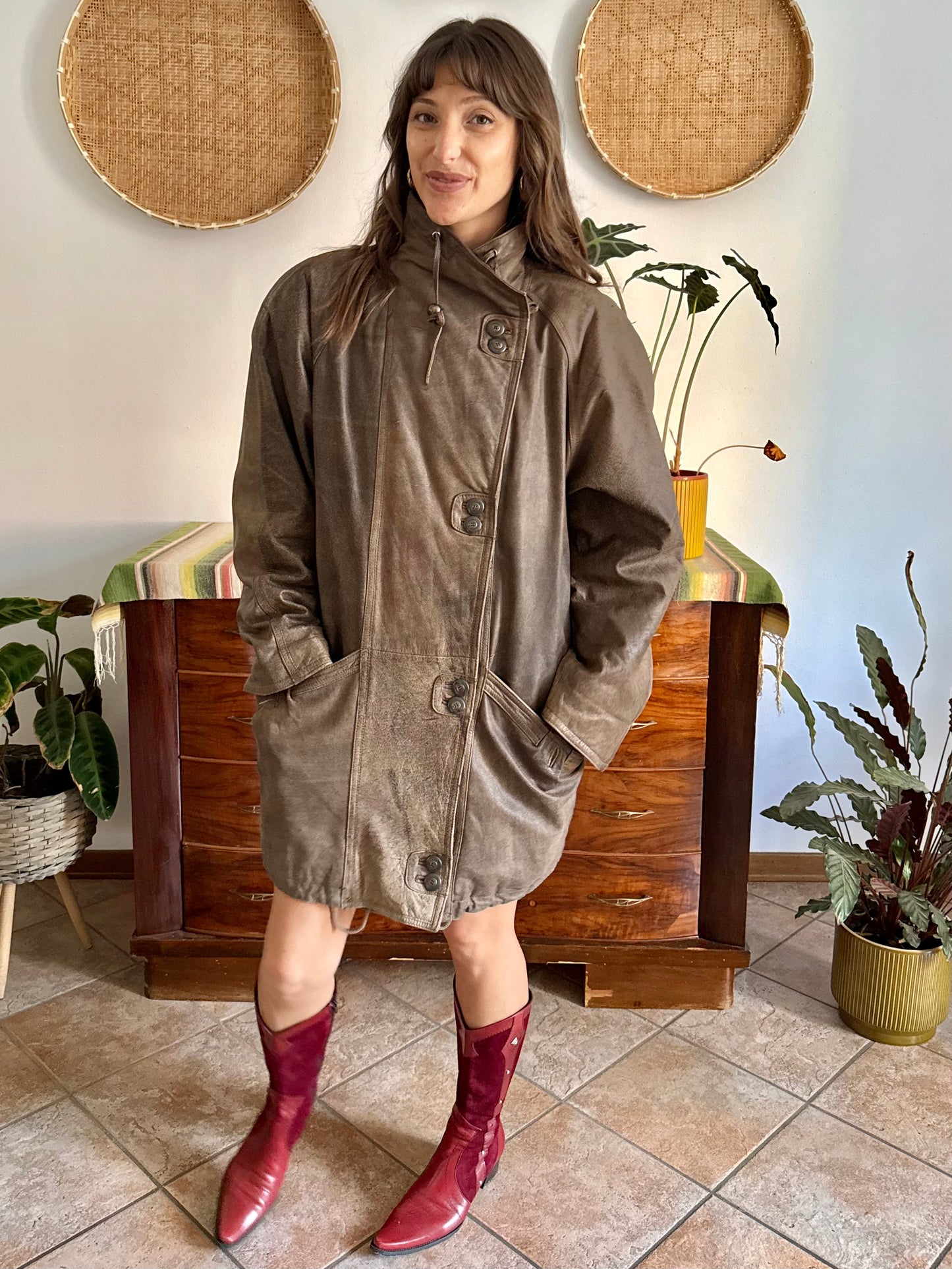 1980's vintage oversize brown leather coat with asymmetrical button closure