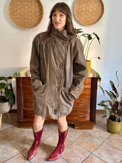 1980's vintage oversize brown leather coat with asymmetrical button closure