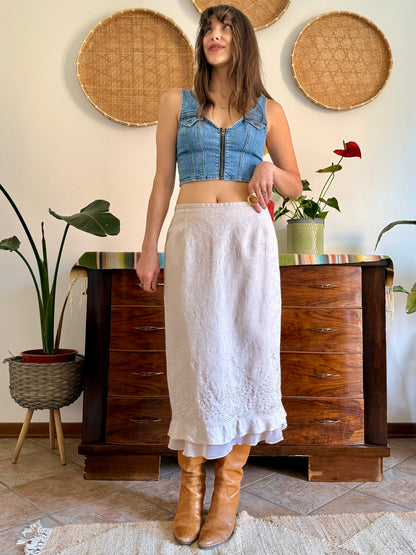 1990's vintage floral weave beige linen midi skirt with floral embroidery
