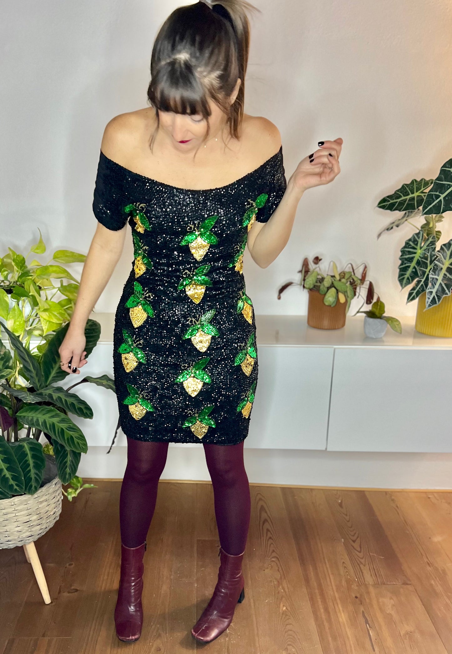 1980's vintage black sequin mini dress with green and gold lemon pattern