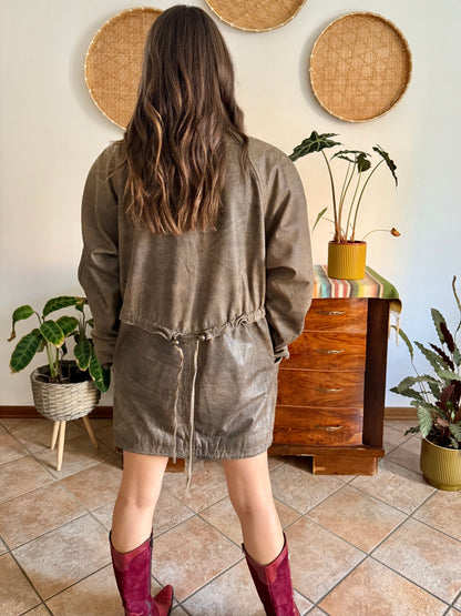 1980's vintage oversize brown leather coat with asymmetrical button closure
