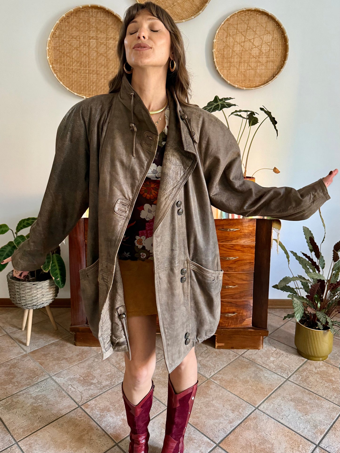 1980's vintage oversize brown leather coat with asymmetrical button closure