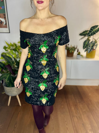 1980's vintage black sequin mini dress with green and gold lemon pattern