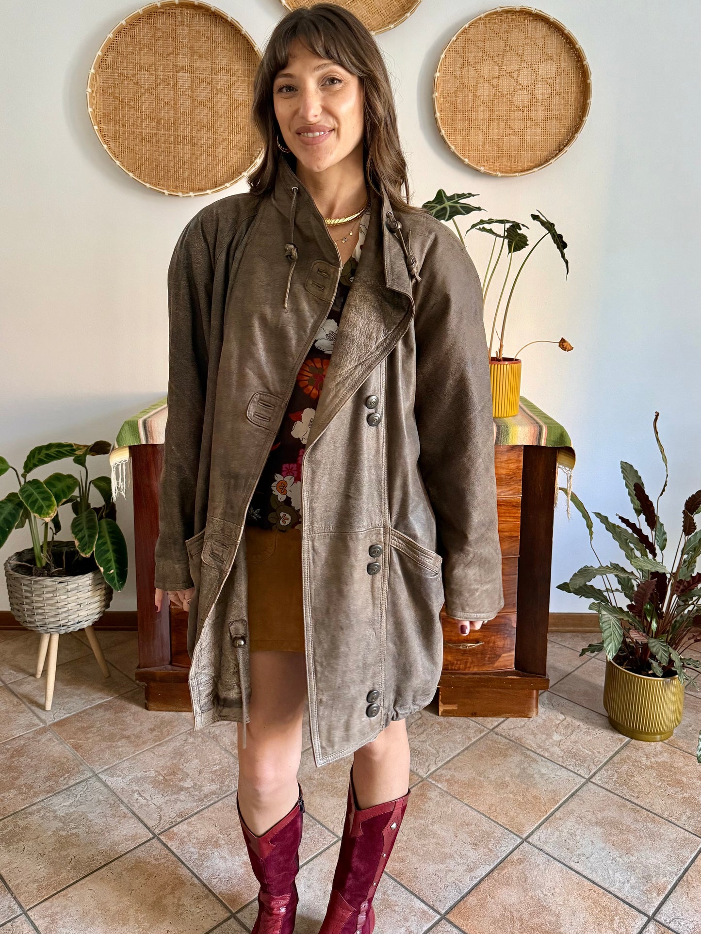 1980's vintage oversize brown leather coat with asymmetrical button closure
