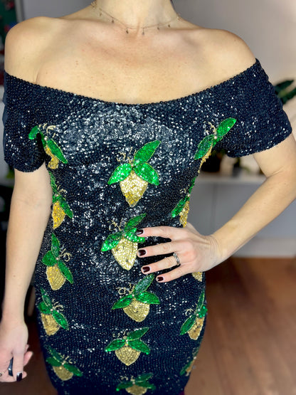 1980's vintage black sequin mini dress with green and gold lemon pattern