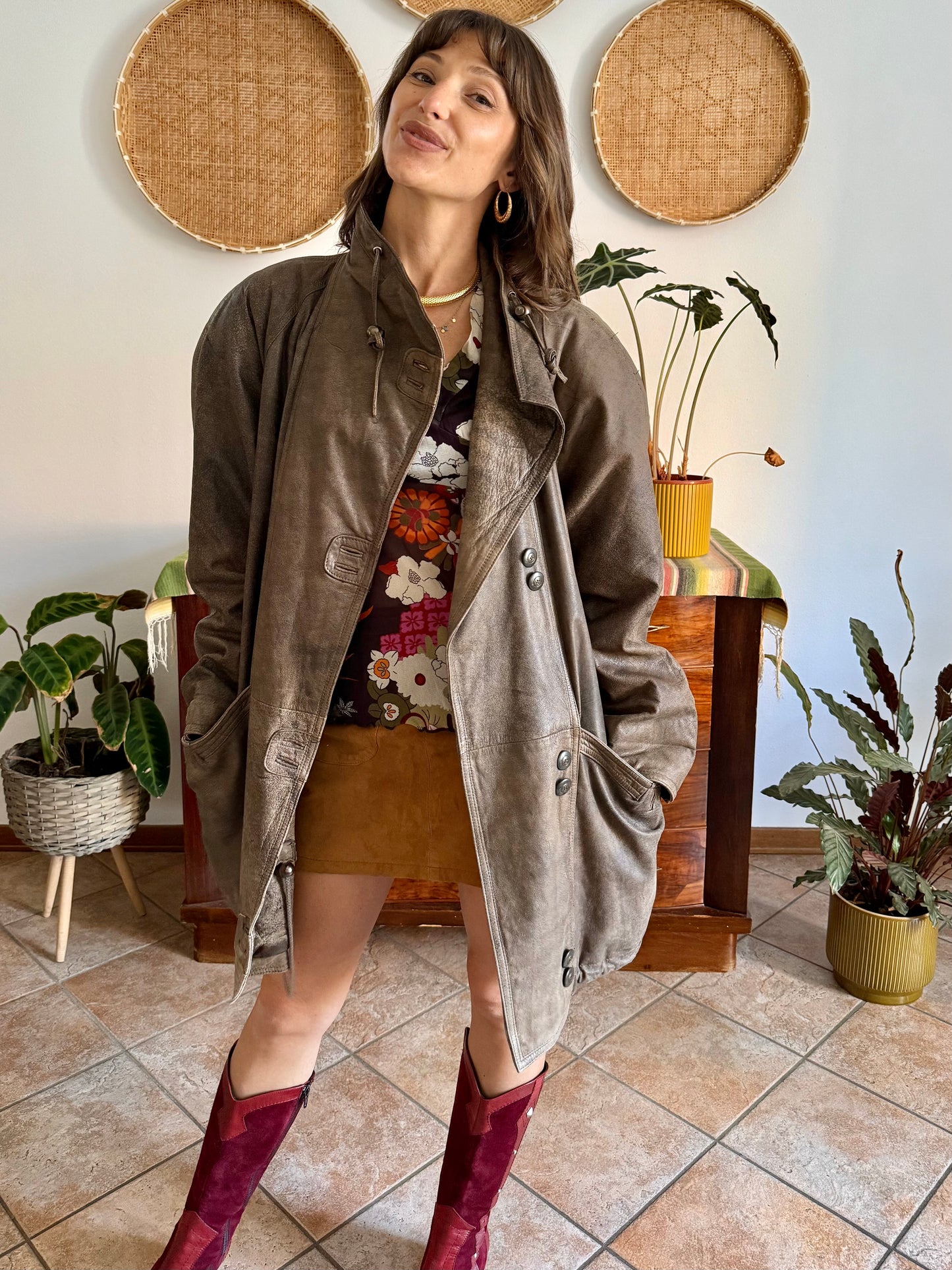 1980's vintage oversize brown leather coat with asymmetrical button closure