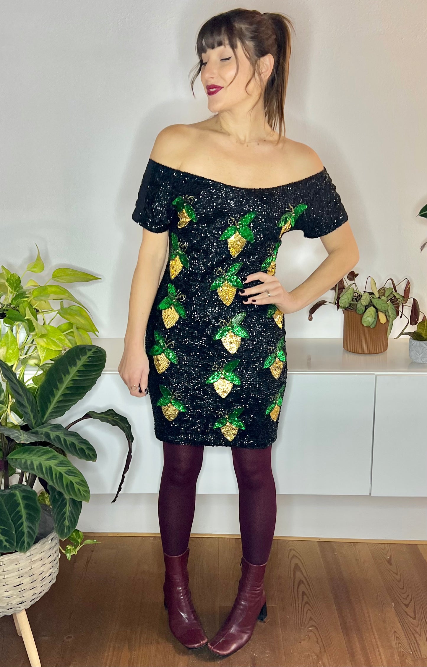 1980's vintage black sequin mini dress with green and gold lemon pattern