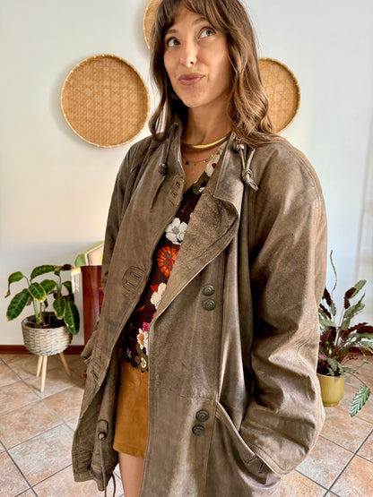 1980's vintage oversize brown leather coat with asymmetrical button closure
