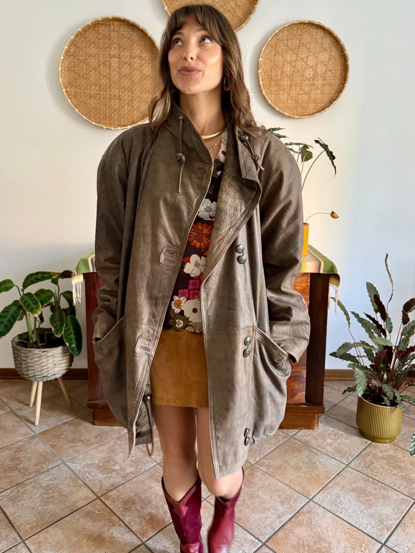 1980's vintage oversize brown leather coat with asymmetrical button closure