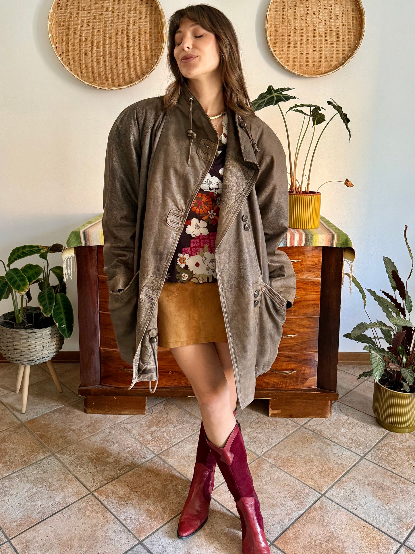 1980's vintage oversize brown leather coat with asymmetrical button closure