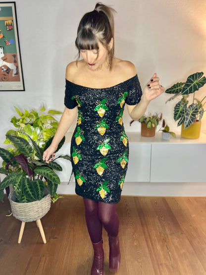 1980's vintage black sequin mini dress with green and gold lemon pattern