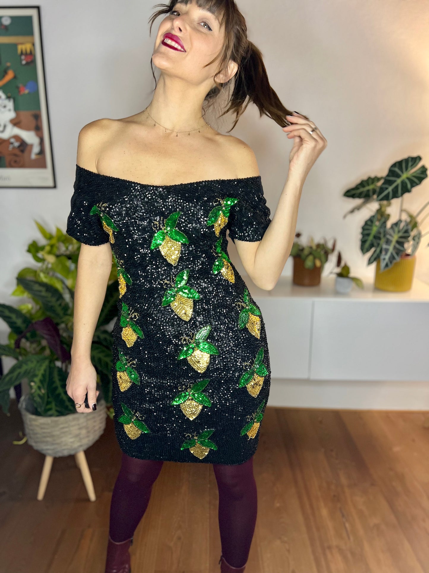 1980's vintage black sequin mini dress with green and gold lemon pattern