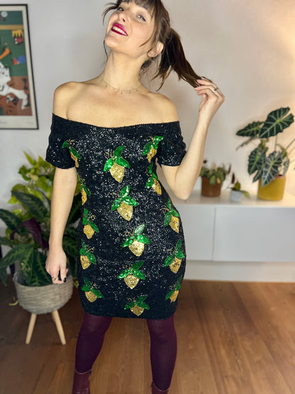 1980's vintage black sequin mini dress with green and gold lemon pattern