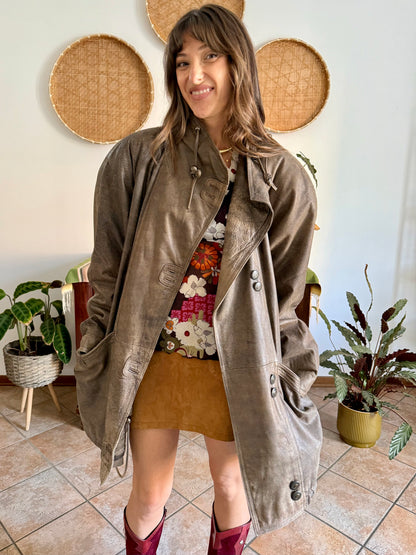 1980's vintage oversize brown leather coat with asymmetrical button closure