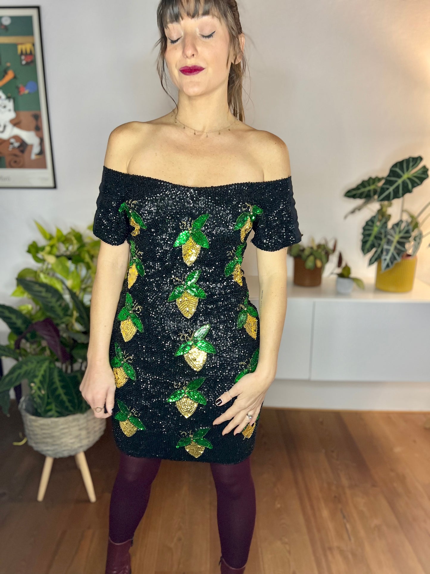 1980's vintage black sequin mini dress with green and gold lemon pattern