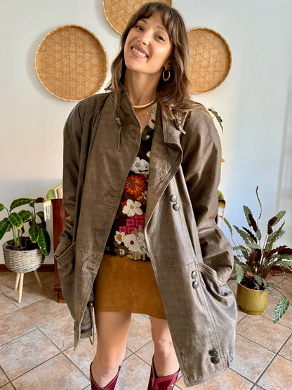 1980's vintage oversize brown leather coat with asymmetrical button closure