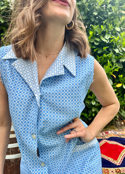 1970's vintage blue and white geometric print button down midi dress